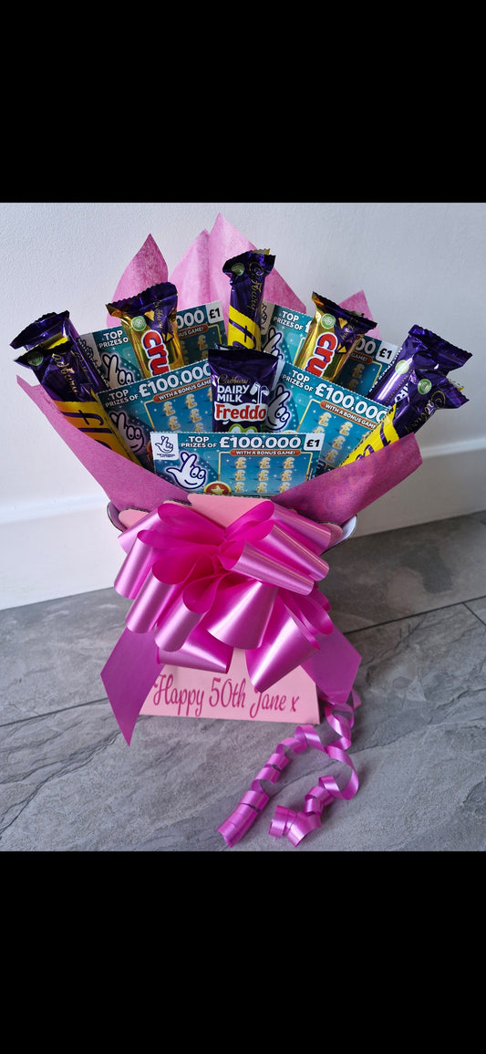 Personalised Cadburys chocolate & scratchcard bouquet