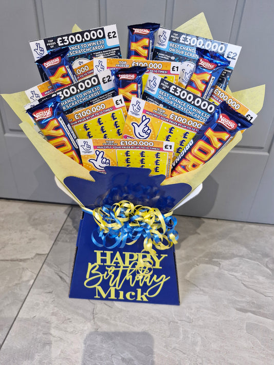 Personalised Yorkie chocolate & scratchcard gift hamper Chocolate bouquet